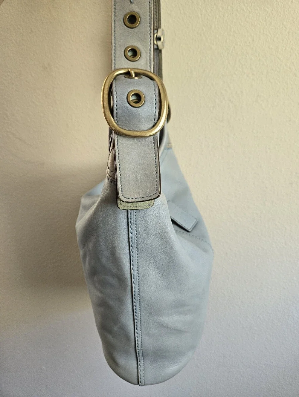 Coach 11422 Bleecker Tattersall Hobo Bag Duffle Purse Blue Leather Bleeker